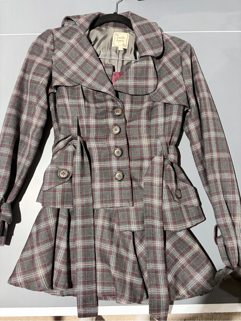 Nanette Lepore Gray Plaid Belted Ruffle Trench Coat – Size 2